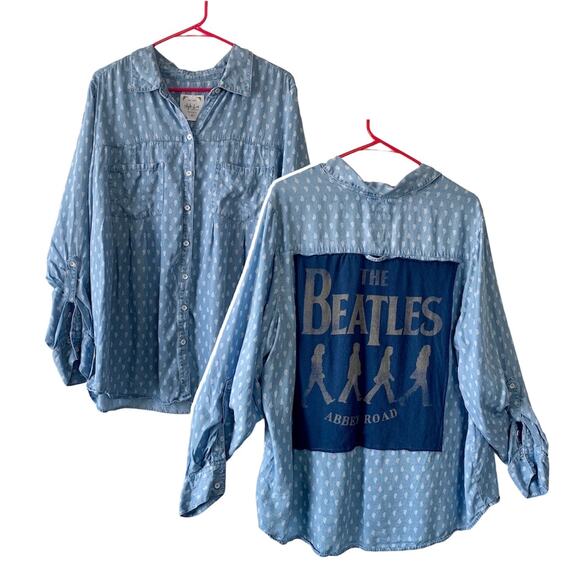 Via Penny Lane Reworked Apparel | The Beatles Graphic Chambray Button Down Shirt - Picture 1 of 10